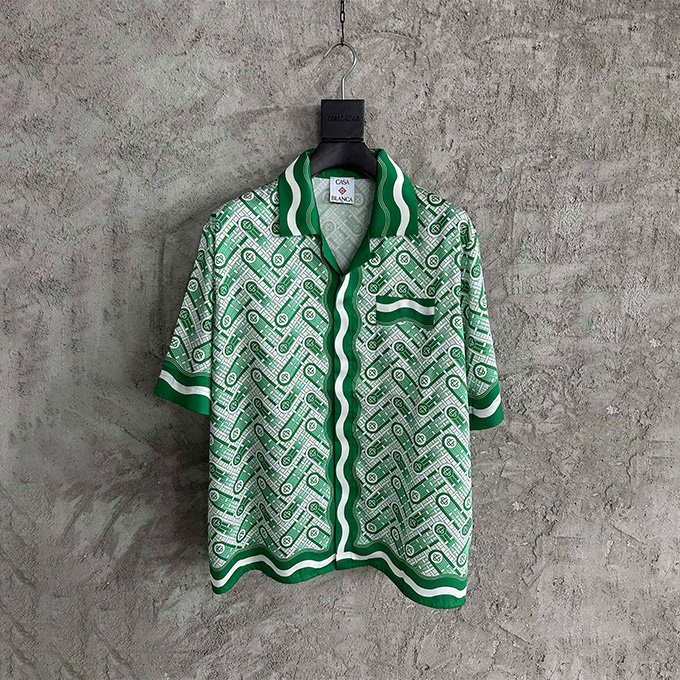 casablanca green monogram print silk short sleeve shirt